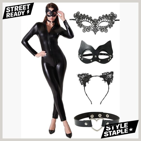 Faux Leather Catsuit Costume with Masks and Choker Size Large-X-Large